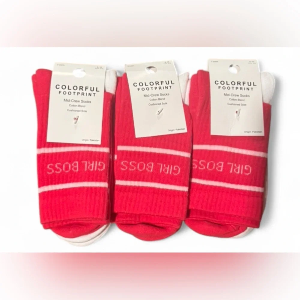 6pairs of Mid-Crew Socks Cotton Blend Size 4-10 Pink and White